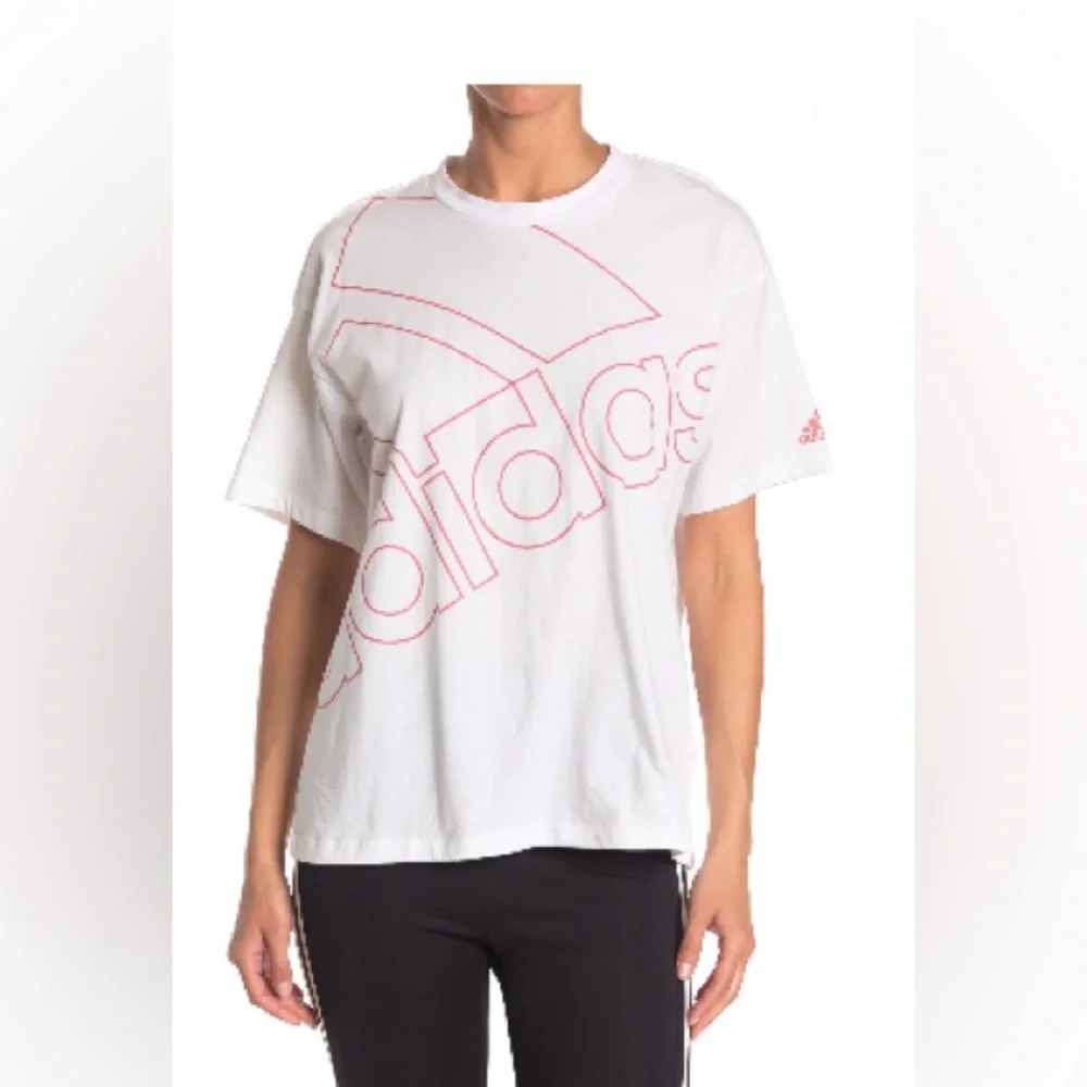 Size M, Adidas, white T-Shirt with red outlined logo letters